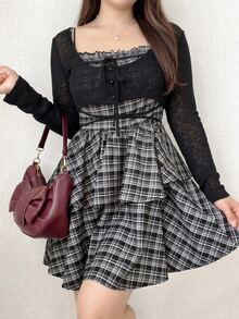 Dazy Plus Early Autumn New Plaid Cami Dress With Tie-Front Cardigan, 2 Pieces Set - Black - View 5