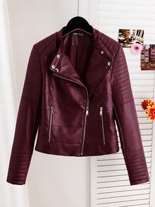 Comfortcana Jaket Motor Kulit PU Wanita Lengan Panjang Warna Burgundy dengan Resleting Depan - Burgundy - View 3