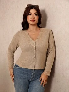 Elaquor Plus Size Autumn Casual Solid Color Front Button T-Shirt Fall - Brown - View 6