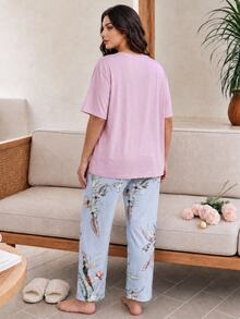 Serenescape Casual Floral Print Patch Pocket Short Sleeve Long Pants Plus Size Pajama Set - Multicolor - View 2