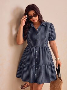 SHEIN Essnce 大尺碼女款條紋百褶休閒日常夏季洋裝 - 藏蓝色 - 查看 4