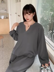Dazy Plus Bộ 2 món áo tay dài và chân váy thắt eo màu trơn phong cách thường ngày năng động, đi làm, xuân/thu - Xám - Xem 3