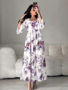 Yasmyna Women's Floral Print Square Neck Bell Sleeve Elegant Arabian Dress - Multicolor - View 7