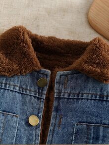 SHEIN Vintaside Kids 男嬰秋冬加厚保暖夾棉外套，毛領時尚夾克，適合寒冷天氣的嬰兒外套 - 彩色 - 查看 4