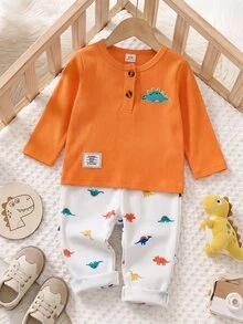 SHEIN Playful Pals 2件組幼兒男童亨利領上衣褲套裝，可愛橘色白色恐龍印花羅紋長袖圓領生日秋季假期連身衣毛衣，鬆緊腰 - 橘色 - 查看 11