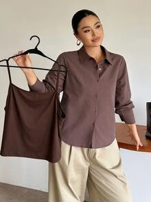 Dazy Plus Striped Fitted Waist Long Sleeve Shirt & Slim Camisole Casual Sexy Top 2 Pieces Set, Spring/Autumn - Brown - View 5