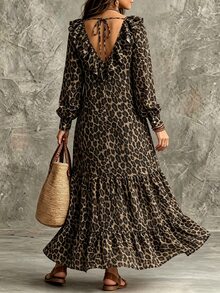 Linhara CURVE Plus Size Women's Spring/Autumn Vintage Vacation Leopard Print V-Neck Tie Bow Puff Lantern Sleeve Loose Slouchy Drape Slimming Print Cuffs Ruffle Hem Dress - Multicolor - View 2