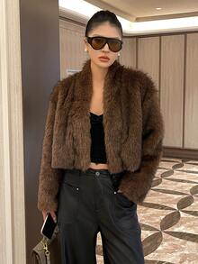 Livesso Short Fitted Brown Faux Fur Long Sleeve Casual Sweet Jacket Winter - Brown - View 5