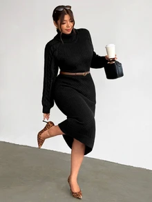 Firerie Vintage Chunky Cable Knit High Neck Plus Size Loose Slimming Long Sleeve Maxi Sweater Dress - Black - View 2