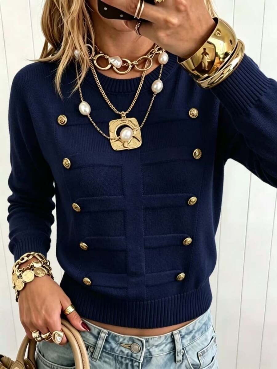 Modelyn 秋冬時尚拿破崙風金屬鈕扣設計套頭毛衣,女款休閒寬鬆百搭慵懶針織上衣 - 寶藍色 - 查看 1