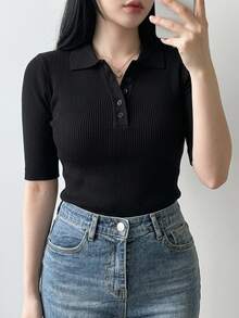 Dazy Plus Solid Color Half-Placket Fitted Casual Versatile Short Sleeve Knit Top, Spring/Autumn - Black - View 1