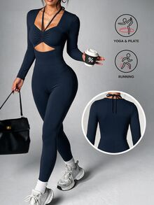 SHEIN Core Rhythm 2026 New Dark Gray Solid Color Square Neck Tie-Front Ruched Hollow Out Design Women's One-Piece Workout Jumpsuit For Fitness, Running, Sports, Yoga - Dark Grey - View 1