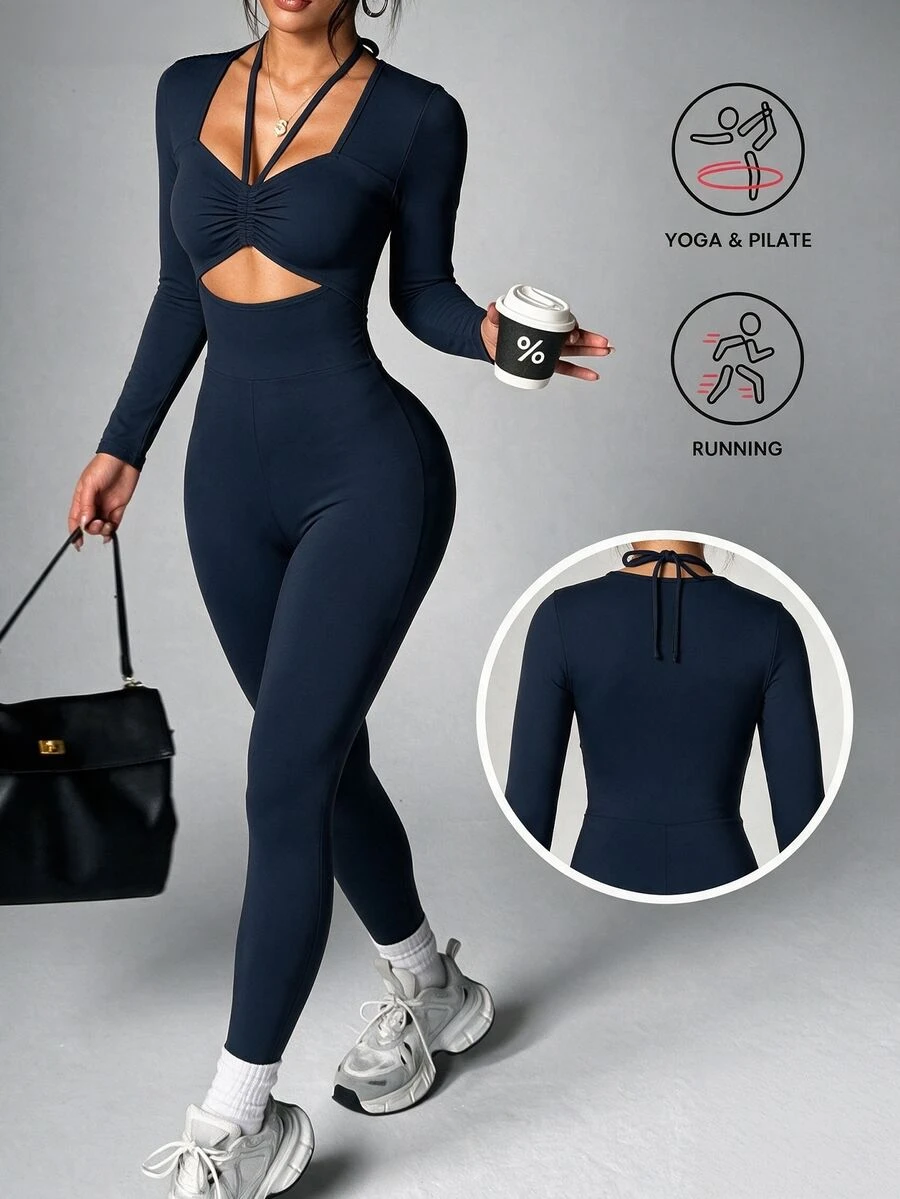 SHEIN Core Rhythm 2026 New Dark Gray Solid Color Square Neck Tie-Front Ruched Hollow Out Design Women's One-Piece Workout Jumpsuit For Fitness, Running, Sports, Yoga - Dark Grey - View 1