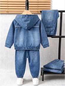 SHEIN 男童 2 件套運動衫套裝，秋冬長袖連帽褲裝套裝，白色印花拉鍊式，適合日常、生日、花童穿著、學校與運動 - 藍色 - 查看 2