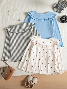 SHEIN Elladie kids 女童休閒舒適保暖百搭愛心印花條紋彼得潘領 3D鉤編花朵裝飾 3件組T恤套裝 秋冬款 - 彩色 - 查看 2