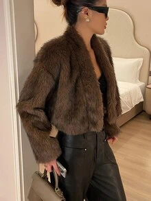 Livesso Short Fitted Brown Faux Fur Long Sleeve Casual Sweet Jacket Winter - Brown - View 3