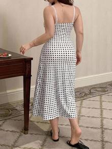 Dazy Plus Polka Dot Print Contrast Color Lace Patchwork Waist-Cinching Spaghetti Strap Long Dress Nightgown - White - View 2