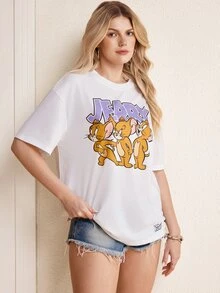 TOM & JERRY X SHEIN Kaos Lengan Pendek Kasual Wanita Motif Kartun Huruf untuk Sehari-hari - Putih - View 5