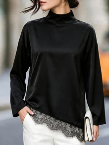 Balvessa Blus Lengan Panjang Wanita Elegan Warna Polos dengan Hiasan Renda dan Patchwork - Hitam - View 3