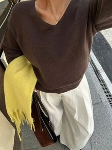 Dazy Plus Solid Color Loose Long Sleeve V-Neck Sweater Autumn/Winter New Brown - Brown - View 6