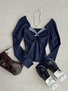 DAZY Sweater Lipit Lengan Panjang Wanita dengan Dekorasi Pita Warna Kontras, Cocok untuk Musim Gugur, Sehari-hari, Kencan, Warna Biru Tua, Romantis, Imut, Gaya Y2k - Navy Blue - View 6