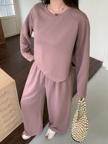 Dazy Plus Solid Color Asymmetric Sweatshirt And Wide Leg Pants, Soft Purple Casual 2 Pieces Set - Pink - View 4