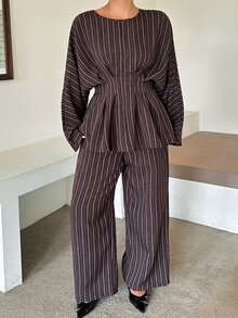 Dazy Plus Autumn Loose Business Casual Ruffle Waist Office Wear Shirt And Suit Pants 2 Pieces Set Elegant - Brown - View 7