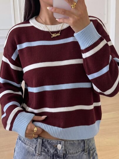 SHEIN كنزة صوفية قصيرة بأكمام فانوس طويلة بلون موحد، كنزة بنية، كنزة خريفية، كنزة خريفية للبنات، كنزة بنات، كنزة خريفية، ملابس خريفية، للخروج