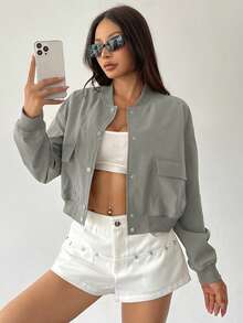 SHEIN Unity Women's Solid Color Dropped Shoulder Long Sleeve Single-Breasted Casual Utility Pocket Lightweight Baseball Jacket - Grey - View 7