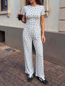 SHEIN PariChic Women's Polka Dot Print Short Sleeve T-Shirt And Long Pants Sports Set - Blue - View 1