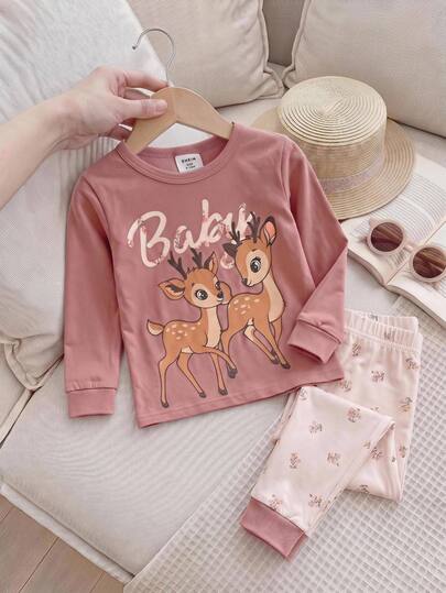SHEIN بيجاما بنات صغيرات بنمط غزال نورديك كرتوني، كاجوال بسيط، أكمام طويلة وبنطال طويل، ملابس منزلية ضيقة مناسبة للخريف/الشتاء