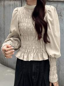 FRIFUL Women's Solid Color Pleated Casual Versatile Daily Long Sleeve T-Shirt Fall - Apricot - View 2
