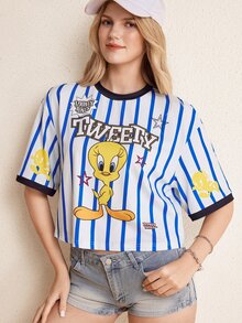 LOONEY TUNES X SHEIN Women's Letter & Cartoon Print Casual Daily Short Sleeve T-Shirt - Blue - View 6