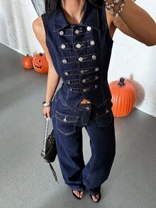 Jeanoix Set Denim Kasual Wanita Model Rompi Napoleon dan Celana Panjang - Dark Wash - View 8