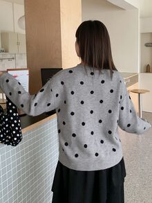 Dazy Plus Loose Business Casual Fashion Polka Dot Jacquard All-Over Print Pullover Knit Sweater, Autumn/Winter - Grey - View 2