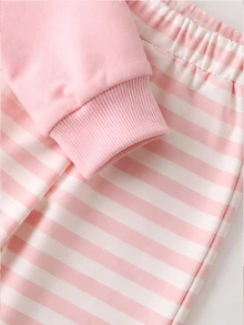 SHEIN Playful Pals 2件組女嬰運動衫喇叭褲套裝，甜美可愛粉白熊貼布蝴蝶結荷葉邊條紋長袖圓領休閒連身褲，生日秋季假期穿搭 - 粉色 - 查看 6