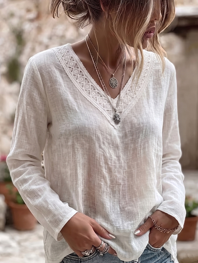 SHEIN Holidaya 2026 New Spring/Autumn White Lace Trim V-Neck Long Sleeve Top For Women, Textured Cotton Linen Solid Color Pullover Blouse, French Casual Loose Slimming Basic Shirt, Hot-Selling Commuter Innerwear/Outerwear Elegant Women's Clothing