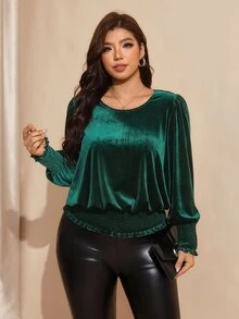Comfylo 大尺碼女款純色圓領長袖抽褶下擺時尚襯衫 - 墨綠色 - 查看 5