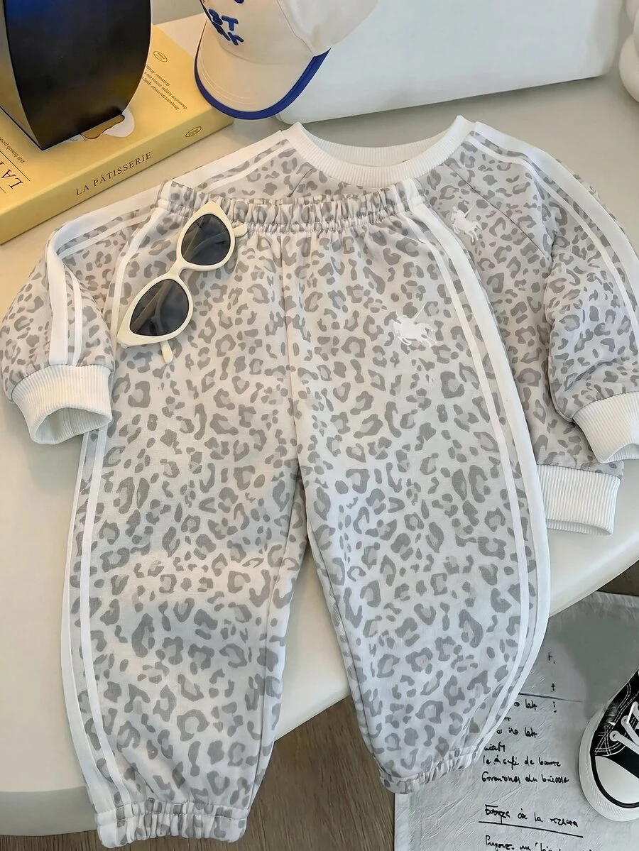 Baby Boy Cute Casual Sports Light Color Leopard Print Sweatshirt & Elastic Waist Long Autumn Pants Set - Light Grey - View 1