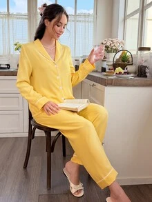 Snug Reverie Solid Color Green Collar Trim Long Sleeve Pants 2 Pieces Set Loungewear Pajamas - Yellow - View 7