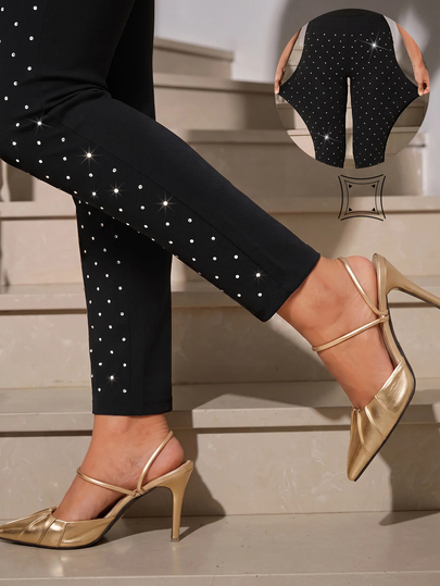 Amorya Women's Elastic Waist Rhinestone Design Slim Fit Fashion Pants