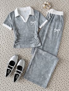 SHEIN 兒童青少年女孩春/夏多功能簡約學院風V領短袖T恤，腰部抓褶修身肩線，休閒 Polo 衫與長褲兩件套，返校穿搭 - 彩色 - 查看 4