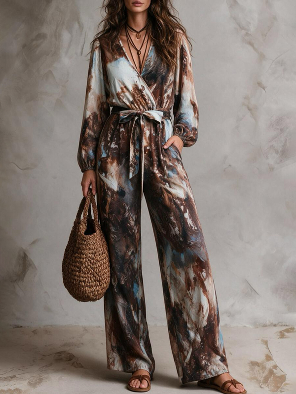 Solivie Salopetă de damă pentru toamnă, cu imprimeu tie-dye maro, potrivită pentru purtare zilnică la birou