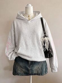 SHEIN 青少年女孩淺灰色針織粉色字母刺繡秋季運動休閒衛衣 Y2K 灰色運動風衛衣 - 淺灰色 - 查看 13