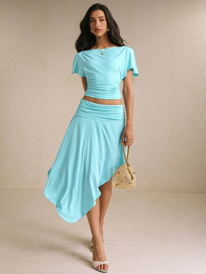 Poéselle Women's Solid Color Pleated Short Sleeve Top And Skirt Casual 2-Piece Set