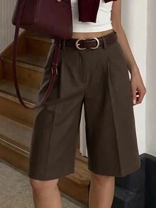 Lavishia 女款秋冬新款不對稱腰線通勤辦公七分褲，優雅休閒通勤風，獨特時尚，附鈕扣口袋，亞麻材質，適合商務與度假穿著 - 摩卡棕 - 查看 5