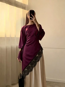 Celisse Atasan Wanita Lengan Panjang Model Longgar dengan Hem Asimetris dan Hiasan Renda, Model Baru untuk Awal Musim Gugur - Burgundy - View 6