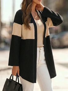 RosyDaze Women's Loose Casual Minimalist Colorblock Lightweight Cardigan, Simple Fashion Thin Jacket, Suitable For Daily Wear Home Travel Black Fall Office - Black - View 4