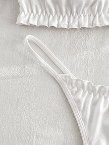FairyFlirt 2pcs White Ruffle Off Shoulder Satin Kawaii Cute Coquette Babydoll Lolita Sweet Lingerie Set For Women - White - View 3