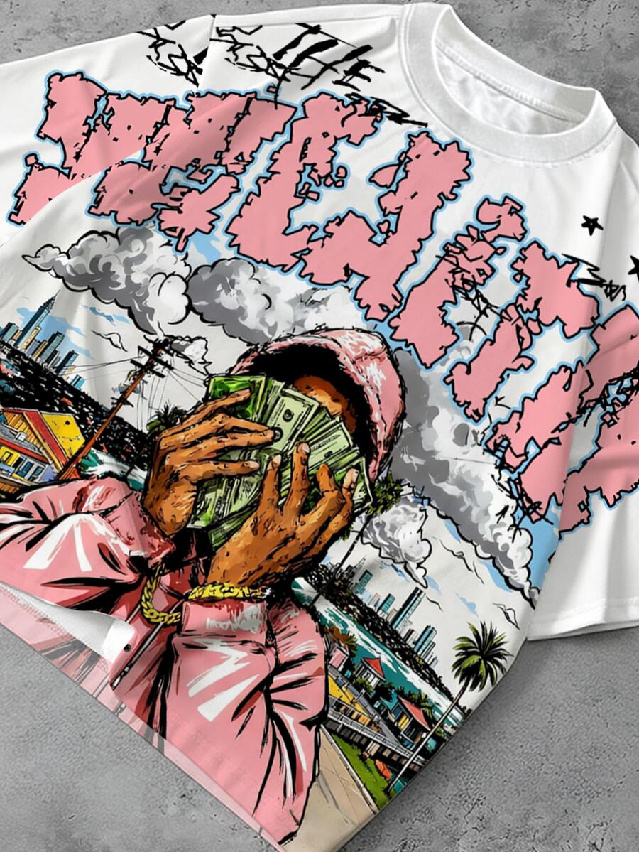 Manfinity EMRG Men's Casual Everyday Essential INS Style Young Streetwear Graffiti Sports Academy Loose Fit Plus Size T-Shirt - Multicolor - View 1
